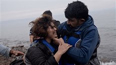 Uprchlíci po vylodní na eckém ostrov Lesbos (22. záí 2015)