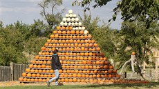 Dominantou zahrady farmy je tato pyramida ze stovek dýní.