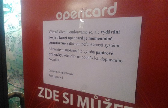 Vydávání karet Opencard ve kodov paláci bylo kvli nefunknosti systému...