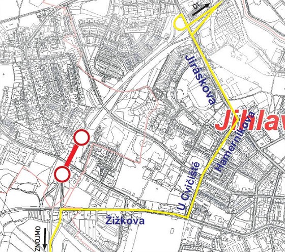 Uzavený Jihlavský tunel a oficiální objízdná trasa.