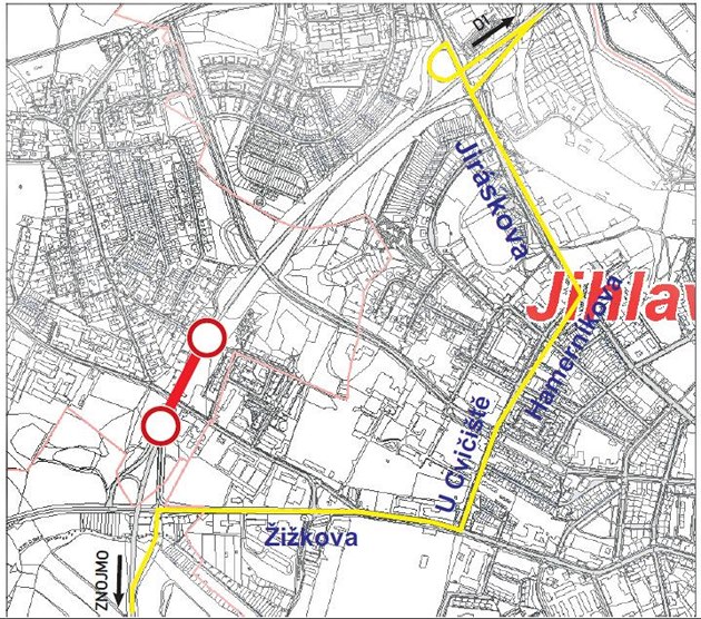 Uzavený Jihlavský tunel a oficiální objízdná trasa.