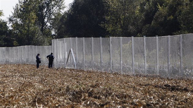 Maďarští vojáci budují plot na maďarsko-chorvatských hranicích (1. října 2015).