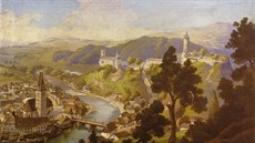 Rožmberk nad Vltavou s dolním hradem a věží Jakobínkou na romantickém obrazu z...
