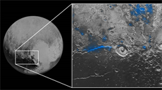 Oblasti, kde by se na Plutu podle spektrální analýzy mohl nacházet vodní led.