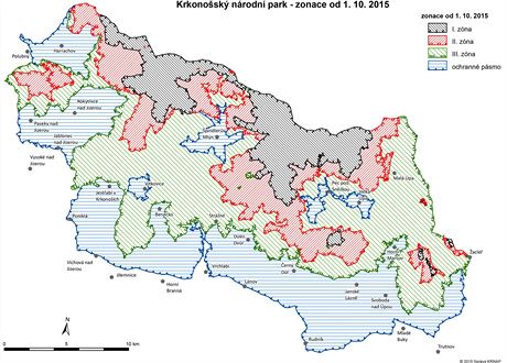 Mapa chránných zón v Krkonoském národním parku od 1. íjna 2015.