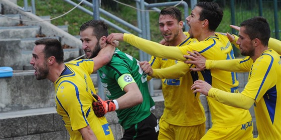 Fotbalisté Varnsdorfu slaví gól.