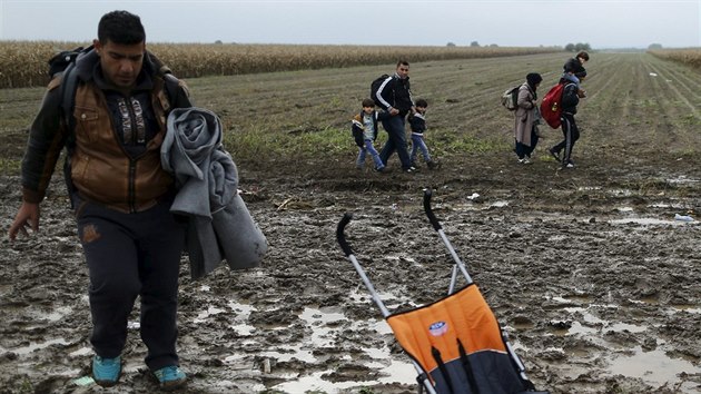 Migranti pobl srbskho msta id m k chorvatsk hranici (12. jna 2015).