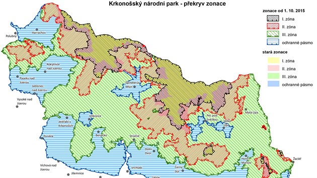 Mapa novch i starch chrnnch zn v Krkonoskm nrodnm parku.