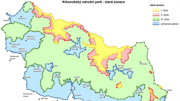 Mapa starch chrnnch zn v Krkonoskm nrodnm parku.