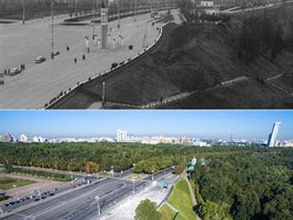 Pohled na Leninské hory v roce 1967 a Vrabí hory v roce 2015. Pahorkatina s...