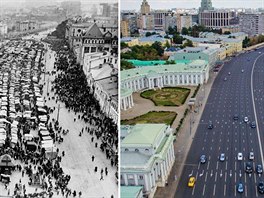 Srovnávací dobové a souasné fotografie ukazují Moskvu v prbhu asu....