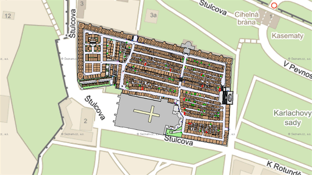 Mapa hbitova na Vyehrad z internetov aplikace s volnmi hroby, kter jsou erven vyznaeny.