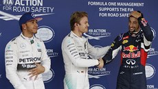 Vítz Nico Rosberg po kvalifikaci na Velkou cenu USA gratuluje tetímu...