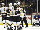 Hokejisté Bostonu se radují poté, co pekonali gólmana Jaroslava Haláka z New...