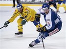 védský hokejista Linus Ömark (vlevo) nahání Toniho Koivistoina z Finska.