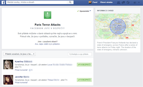 Funkce Facebook Jste v bezpeí? byla aktivována krátce po teroristických...