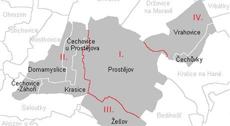 Návrh na rozdlení Prostjova poítá se tymi samosprávnými obvody. Okrajové...