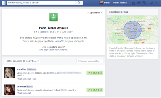 Funkce Facebook Jste v bezpeí? byla aktivována krátce po teroristických...