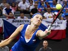 T̎KÝ VOLEJ. Petra Kvitová ve finále Fed Cupu.