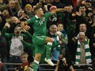 Irský fotbalista  Jonathan Walters se raduje se spoluhrái a fanouky z gólu v...