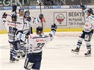 Hokejisté Vítkovic slaví gól v utkání proti Tinci.