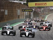 Nico Rosberg bojuje ve Velk cen Brazlie formule 1 s Lewisem Hamiltonem.