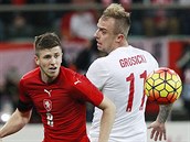 esk fotbalista Luk Bartok (vlevo) v souboji s Kamilem Grosickim z Polska.