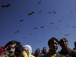 Vultures come from skies over ethnic Tibetans gathering for a sky burial near...