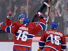 David Desharnais, P. K. Subban a Tom Fleischmann (zleva) oslavuj gl...