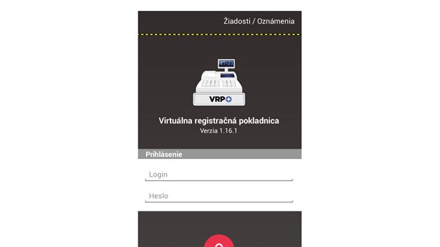 Slovensk aplikace virtuln registran pokladna. Pihlaovac obrazovka. Nejprve je teba se do systmu zaregistrovat. Pihlaovac jmno a heslo zsk podnikatel po vyplnn dosti - tlatko vpravo nahoe.