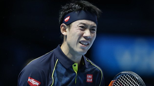 Kei Niikori a jeho radost z dobe odehranho mku v duelu Turnaje mistr proti Federerovi