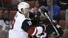 Shane Doan (vlevo) z Arizony atakuje Claytona Stonera z Anaheimu.