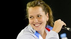 Barbora Strýcová na tiskové konferenci ped finále Fed Cupu s Ruskem.