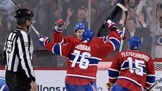 David Desharnais, P. K. Subban a Tomá� Fleischmann (zleva) oslavují gól...