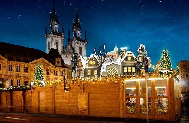 Návrh vánočních trhů na Staroměstském náměstí s ladovskou tematikou.