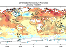Odchylky prmrných teplot v roce 2015 od normálu v letech 1961 a 1990....