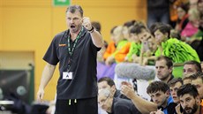 Trenér plzeňských házenkářů Martin Šetlík se raduje z úspěšné akce svého týmu.