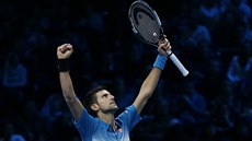 FINALISTA. Srbský tenista Novak Djokovič zvedá ruce nad hlavu a oslavuje. Právě...