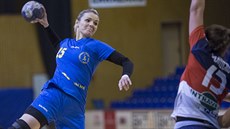 Zlínská házenká�ka Helena Brandová st�ílí na pre�ovskou branku.