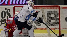 Plze�ský úto�ník  Nicholas Johnson st�ílí gól v nájezdech v zápase s T�incem..