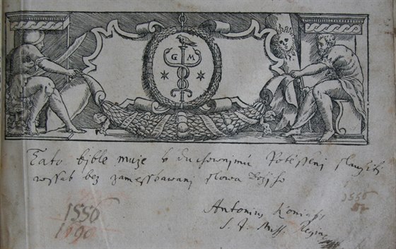 Melantrichova Biblí eská (Praha, 1567) s cenzurním pípisem Antonína Koniáe.