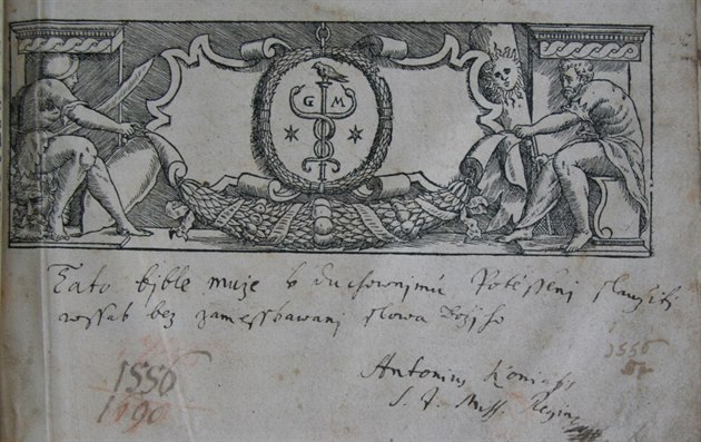 Melantrichova Biblí česká (Praha, 1567) s cenzurním přípisem Antonína Koniáše.