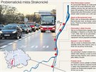 Mapka znázoruje místa ve Strakonické ulici, která jsou problematická.