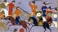 &#268;ingischán (s bílým títem) v &#269;ele mongolské armády p&#345;i dobývání...