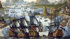 Bitva v zátoce Vigo v roce 1702. Anglické a holandské lod se blíí k zakotvené...