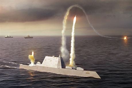 Raketov torpdoborec USS Zumwalt oima vtvarnka