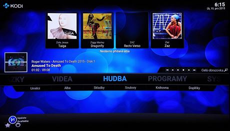 Na televizoru: Hlavn obrazovka OSMC pi pehrvn hudby a ovldac grafika...