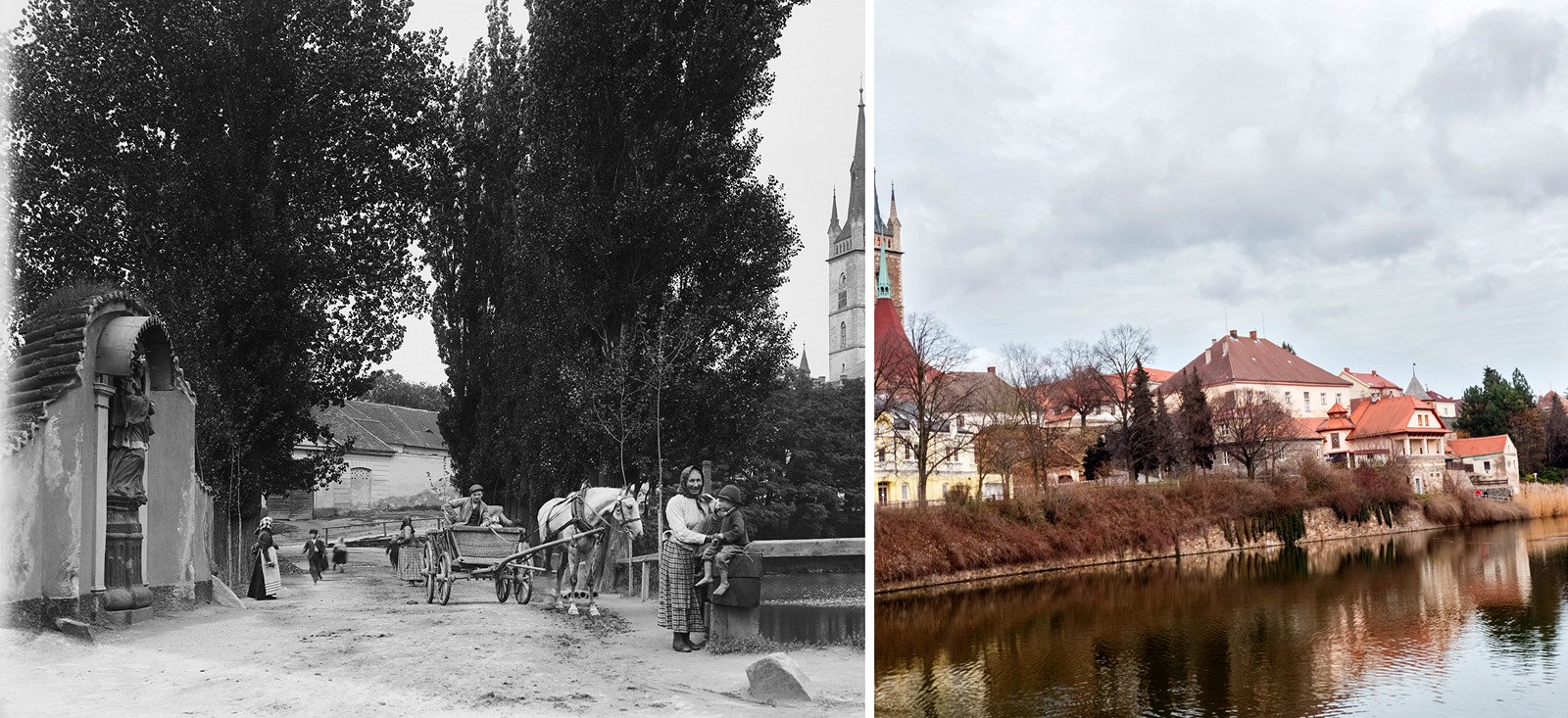 �áslav na Kutnohorsku na snímku kolem roku 1898 a na aktuální fotografii