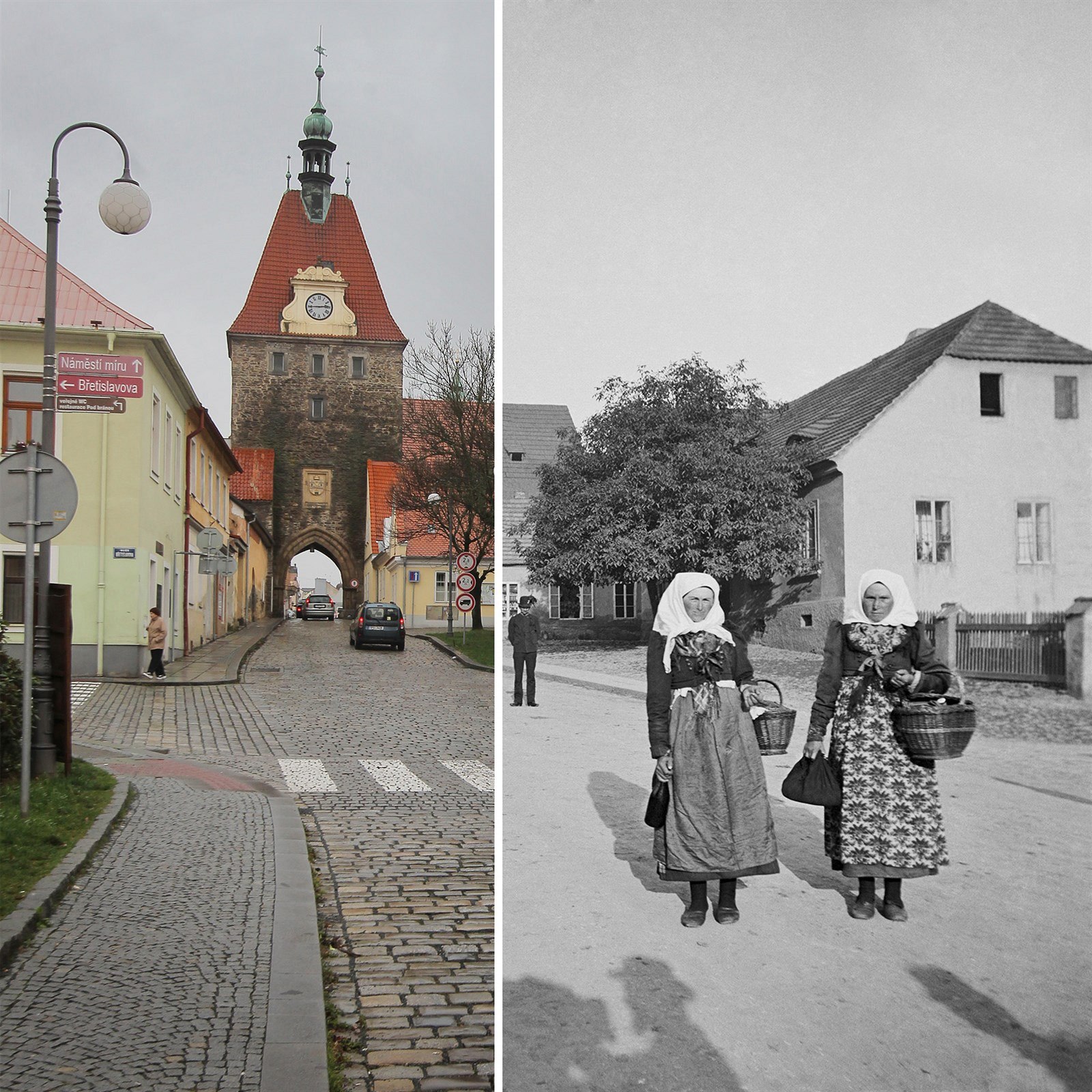 Dolní brána v Doma�licích kolem roku 1888 a v sou�asnosti