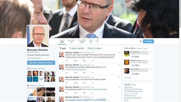 Oficiální twitterový účet premiéra Sobotky ve středu někdo naboural, poslal na něj několik nenávistných vzkazů vůči uprchlíkům (23. prosince 2015)